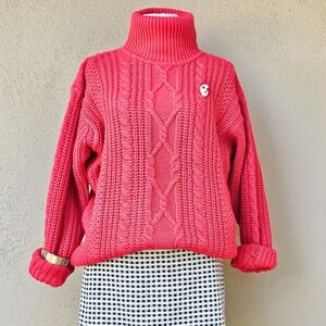 Ellemenno Vintage Red Turtle Neck Cable Knit Pullover Sweater Size M